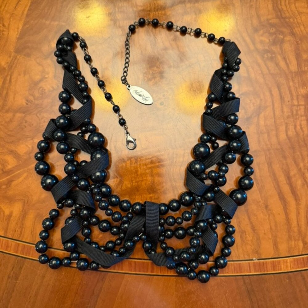 Adia Kibur Multi-Strand Black Beaded Statement Necklace with Ribbon Detail